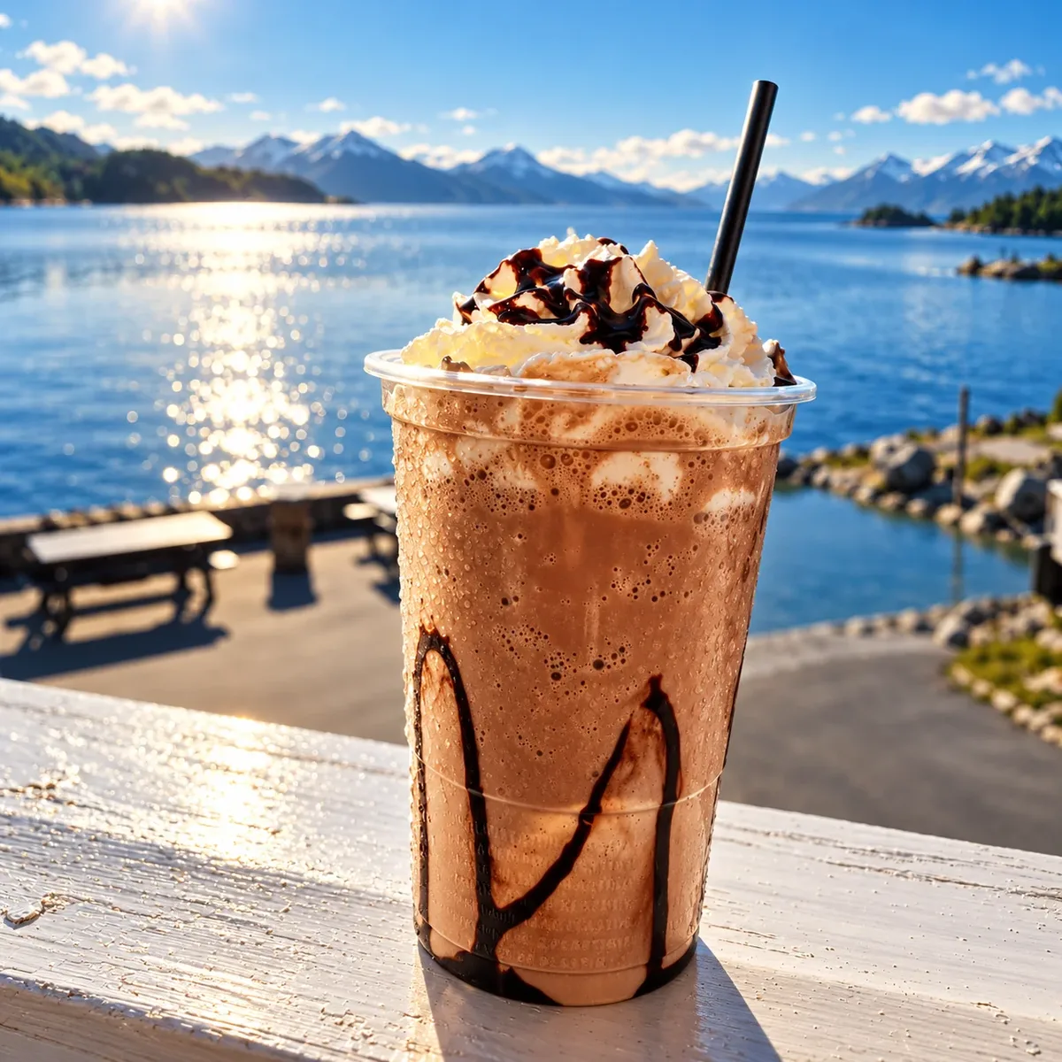 Iskaffi med fjorden som bakgrunn